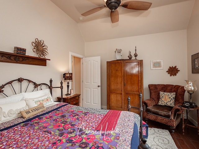 bedroom featuring hardwood / wood-style flooring, ceiling fan, and lofted ceiling