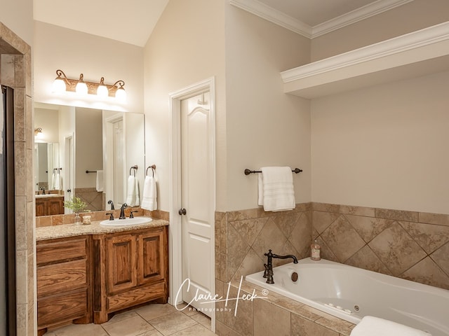 bathroom featuring a whirlpool tub, tile patterned flooring, vanity, and crown molding