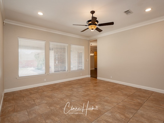 5305 Wimberley Spring Ct, Midland, TX 79707 - tiled empty room with ornamental molding, ceiling fan, baseboards, and recessed lighting