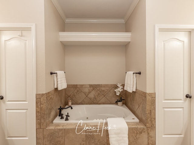 full bathroom featuring a garden tub and crown molding