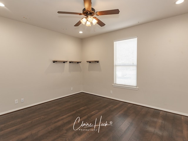 spare room featuring dark wood-style floors, ceiling fan, baseboards, and recessed lighting