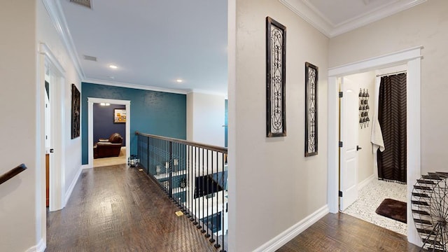 hall featuring dark hardwood / wood-style flooring and ornamental molding