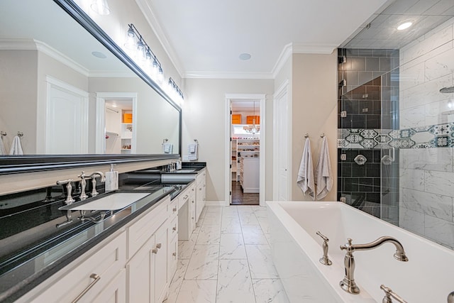 bathroom with vanity, crown molding, and shower with separate bathtub