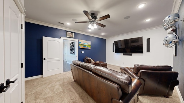 living room featuring crown molding, light colored carpet, and ceiling fan