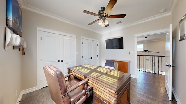 home office featuring crown molding, dark hardwood / wood-style floors, and ceiling fan