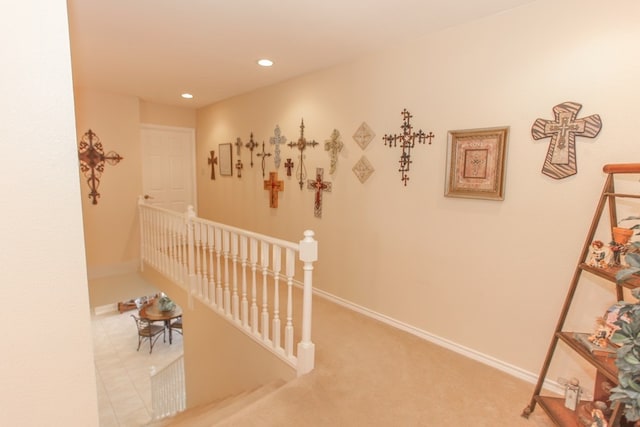 2901 Stonehaven Dr, Big Spring, TX 79720 - corridor with an upstairs landing, recessed lighting, carpet flooring, and baseboards