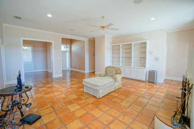 living area featuring baseboards, visible vents, a ceiling fan, crown molding, and recessed lighting