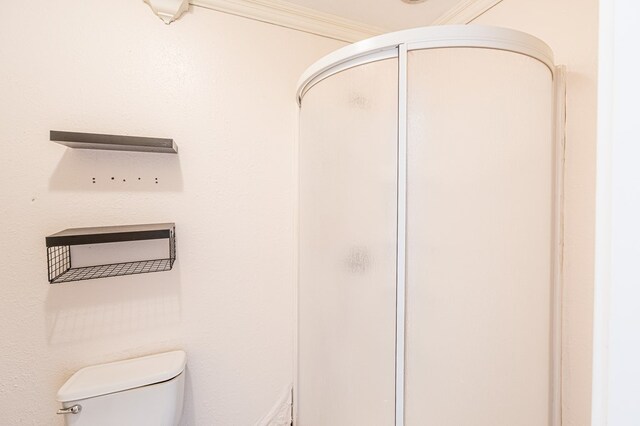 1204 Tinker St, Seagraves, TX 79359 - bathroom with a stall shower, crown molding, and toilet