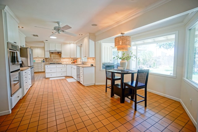 kitchen featuring decorative backsplash, appliances with stainless steel finishes, ceiling fan, sink, and white cabinetry