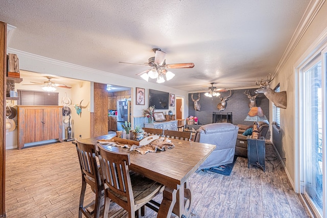 dining room featuring ornamental molding, ceiling fan, a textured ceiling, and light hardwood / wood-style floors