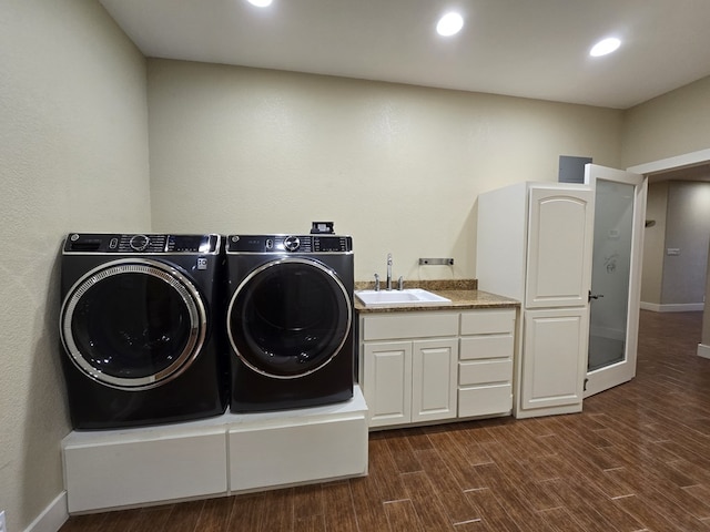 6101 Fm 715, Midland, TX 79706 - laundry room with washing machine and clothes dryer, cabinet space, dark wood-type flooring, baseboards, and recessed lighting