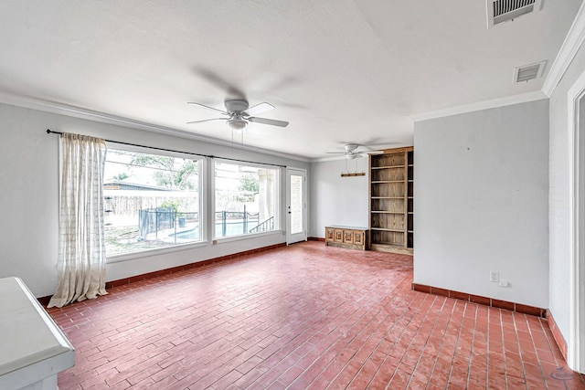 2008 Bedford Dr, Midland, TX 79701 - unfurnished living room featuring brick floors, ornamental molding, baseboards, and ceiling fan