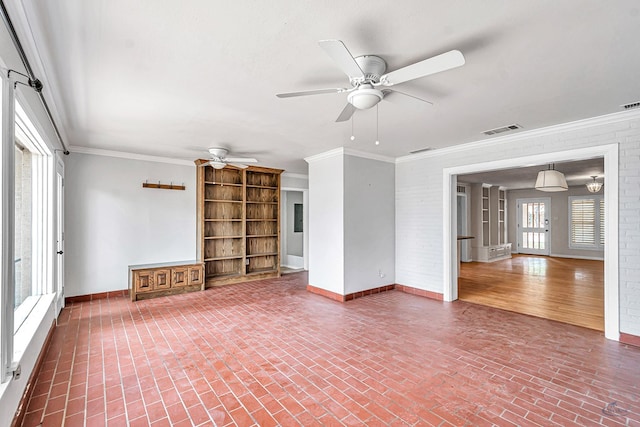 2008 Bedford Dr, Midland, TX 79701 - unfurnished living room featuring baseboards, ceiling fan, ornamental molding, and brick floors