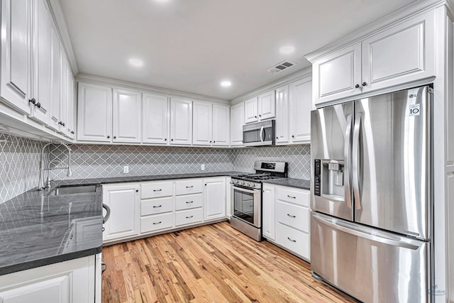 2008 Bedford Dr, Midland, TX 79701 - kitchen featuring appliances with stainless steel finishes, a sink, white cabinets, light wood-style flooring, and decorative backsplash