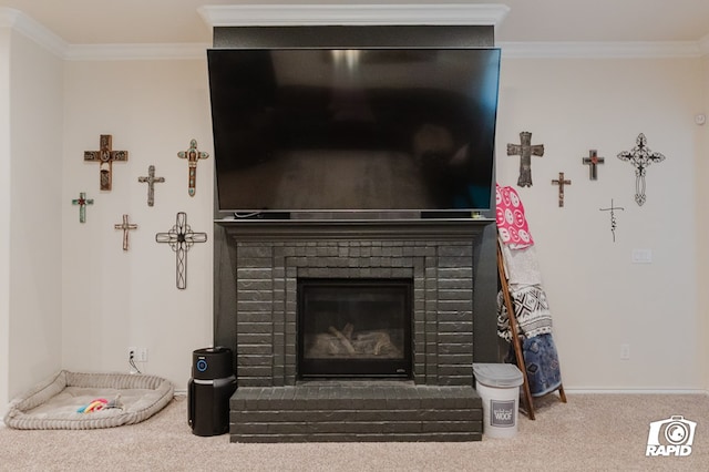 interior details with crown molding, carpet flooring, a fireplace, and baseboards