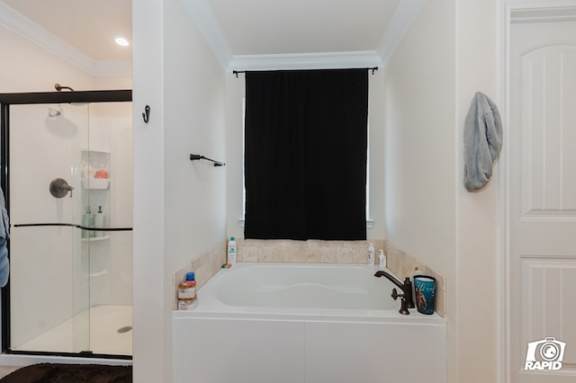 full bath with a stall shower, a garden tub, and crown molding