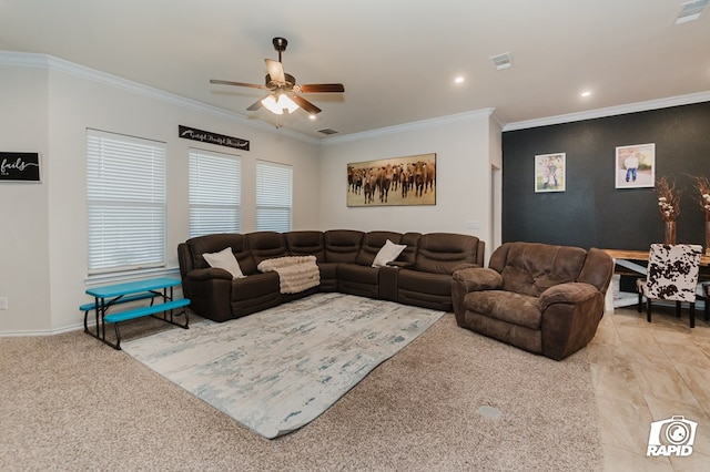 living room featuring recessed lighting, ceiling fan, visible vents, and ornamental molding