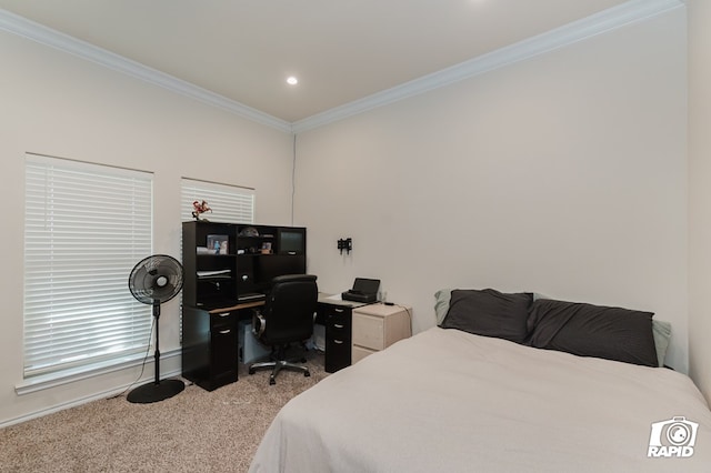 bedroom featuring carpet, crown molding, and recessed lighting