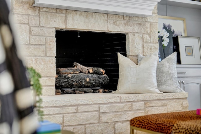 interior details with a stone fireplace