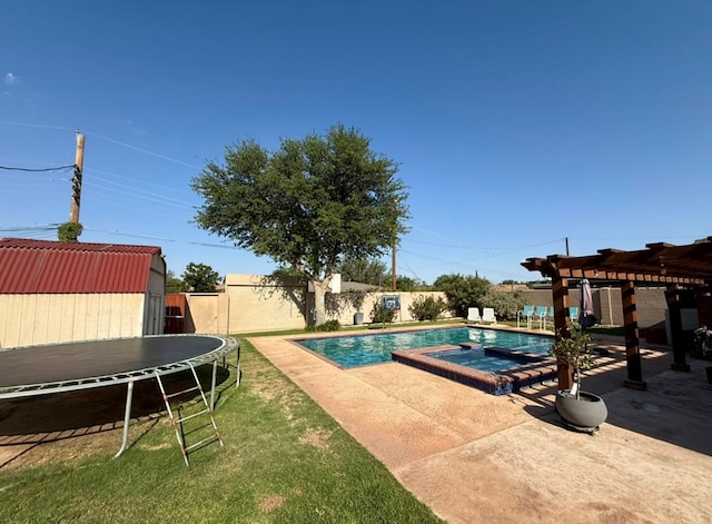 3302 Cord Dr, Midland, TX 79705 - view of pool featuring a trampoline, a fenced backyard, a patio, a pool with connected hot tub, and a pergola