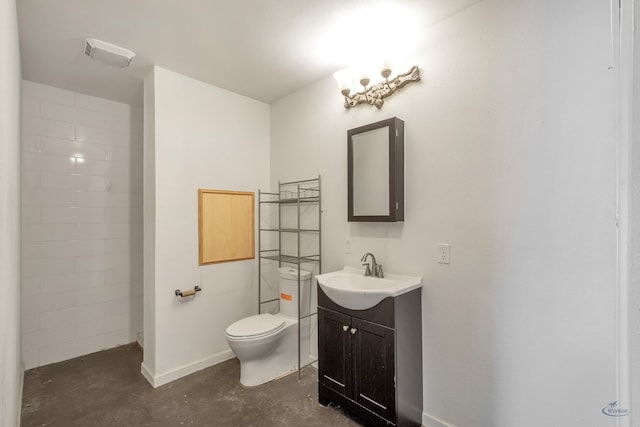 bathroom with vanity, baseboards, visible vents, concrete flooring, and toilet