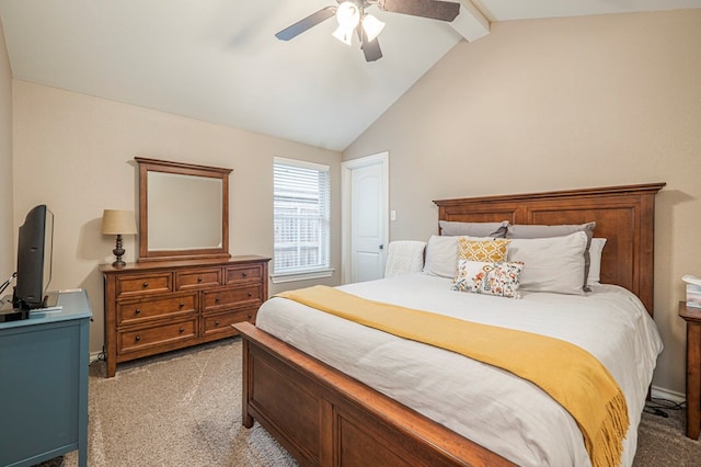 carpeted bedroom featuring vaulted ceiling with beams and ceiling fan