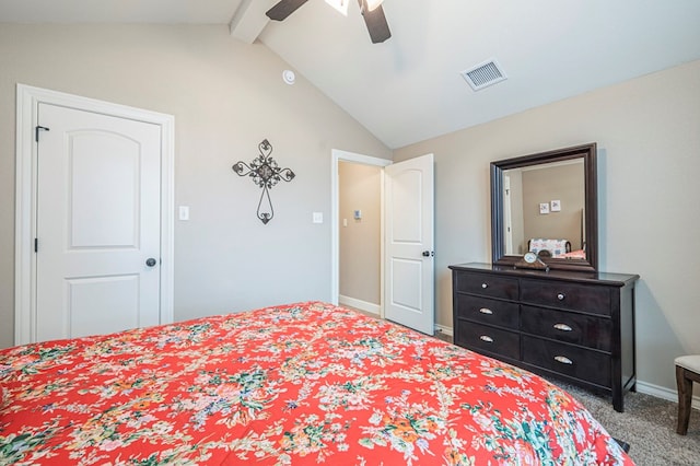 bedroom with ceiling fan, carpet, and vaulted ceiling with beams