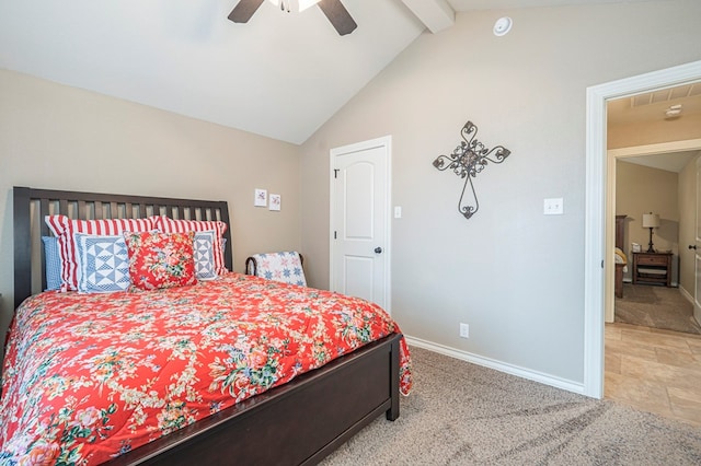 bedroom with ceiling fan, light colored carpet, and lofted ceiling with beams