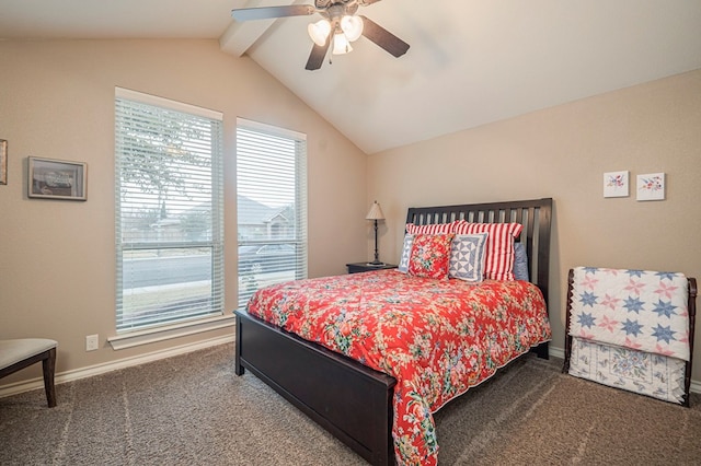 bedroom with ceiling fan, carpet flooring, and lofted ceiling with beams