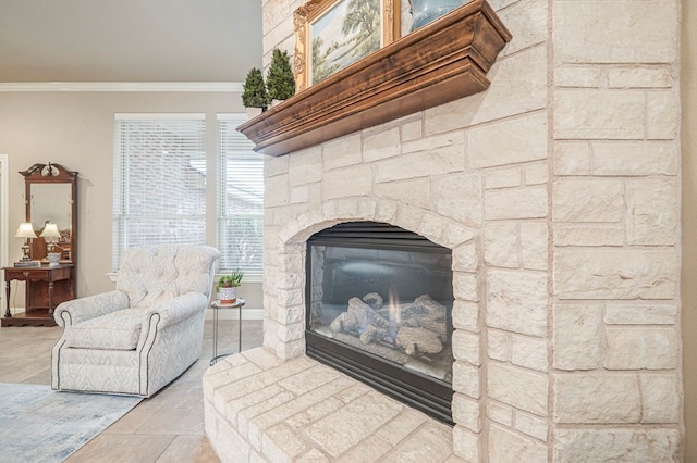 interior details with crown molding and a fireplace