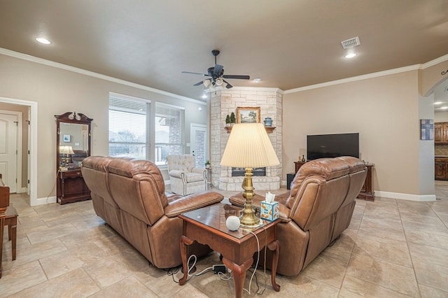 living room featuring crown molding and ceiling fan