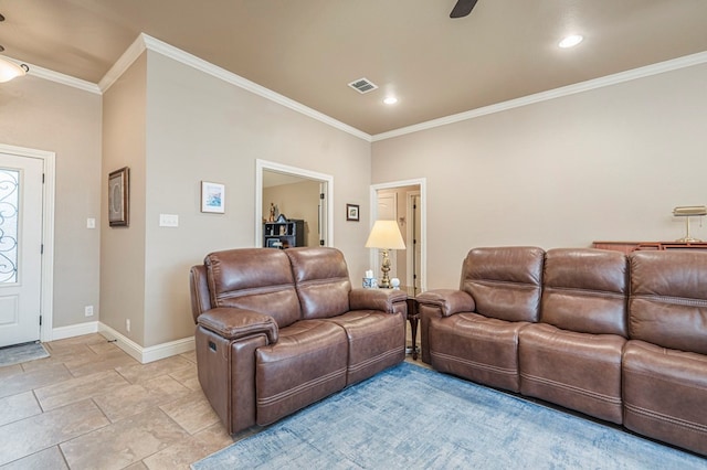 living room featuring ornamental molding and ceiling fan