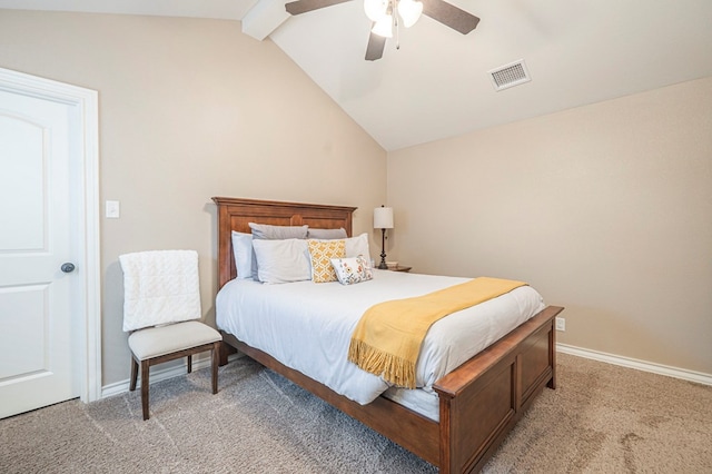 bedroom with lofted ceiling with beams, ceiling fan, and carpet