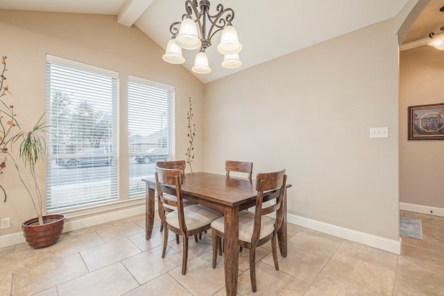 tiled dining space featuring a chandelier and vaulted ceiling with beams