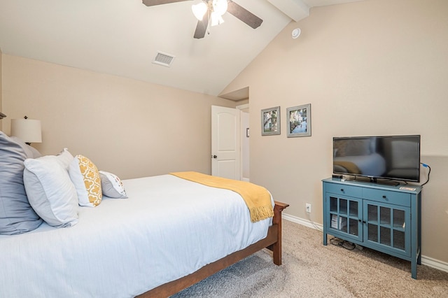 carpeted bedroom featuring vaulted ceiling with beams and ceiling fan