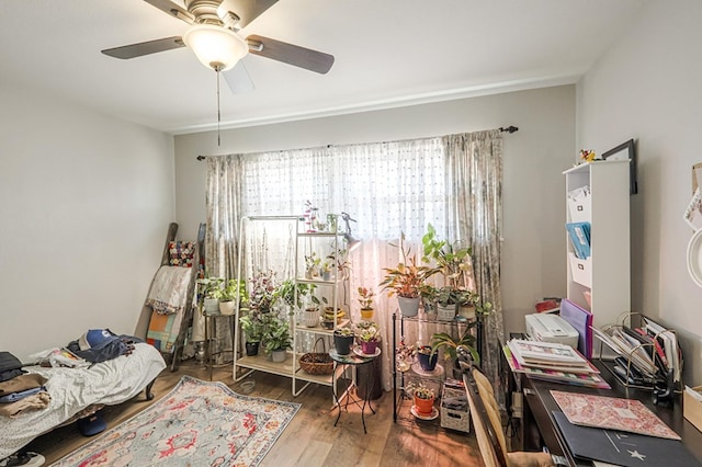 bedroom with a ceiling fan and wood finished floors