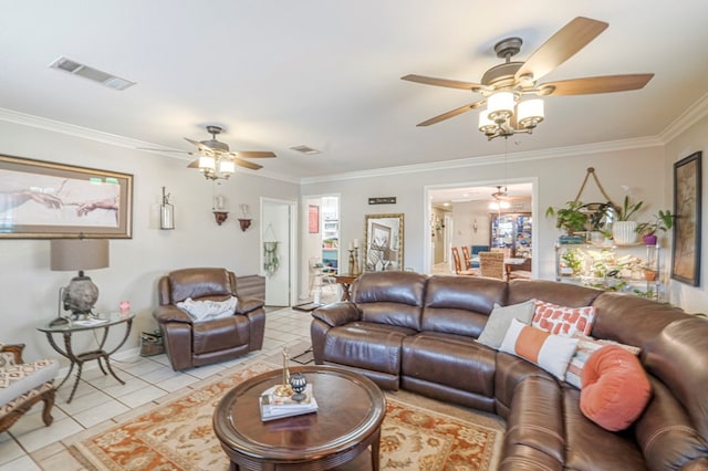 living area featuring a ceiling fan, visible vents, ornamental molding, and light tile patterned floors