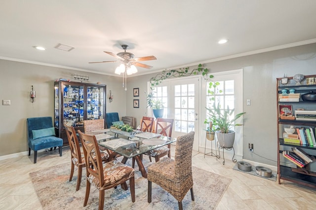 dining area with crown molding, a ceiling fan, recessed lighting, and visible vents