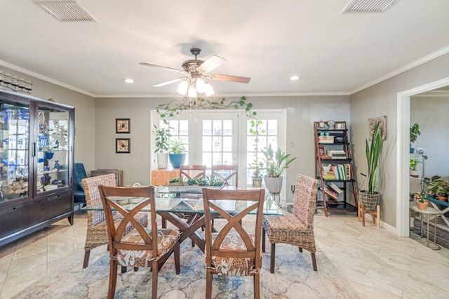 dining space featuring recessed lighting, ceiling fan, and visible vents