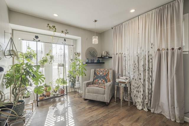 living area with wood-type flooring and recessed lighting
