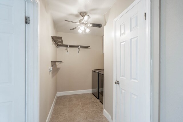 1829 Petroleum Dr, Odessa, TX 79762 - walk in closet with washer and clothes dryer, a ceiling fan, and light tile patterned flooring