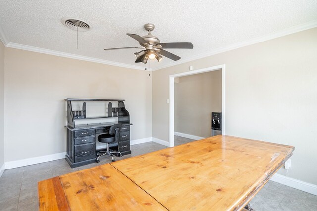 1829 Petroleum Dr, Odessa, TX 79762 - office area featuring a ceiling fan, a textured ceiling, ornamental molding, baseboards, and tile patterned flooring