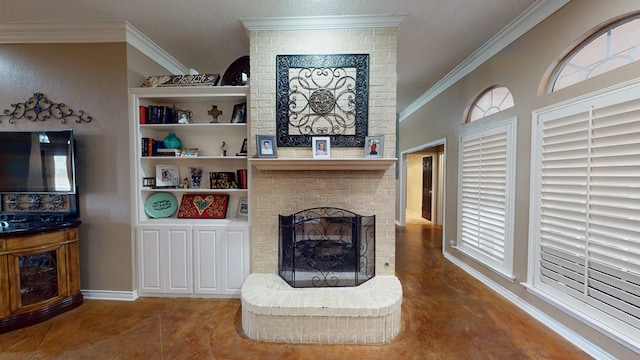 living room with baseboards, ornamental molding, and a fireplace