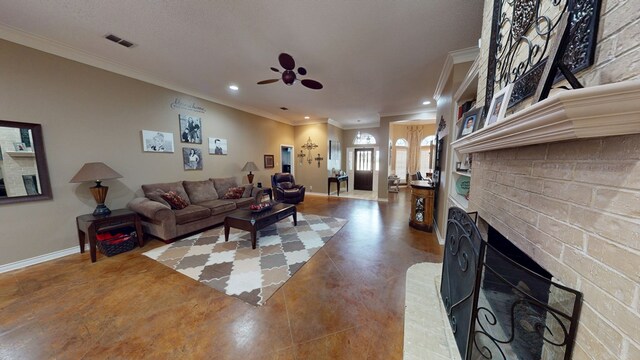 living area with visible vents, ornamental molding, a brick fireplace, baseboards, and recessed lighting