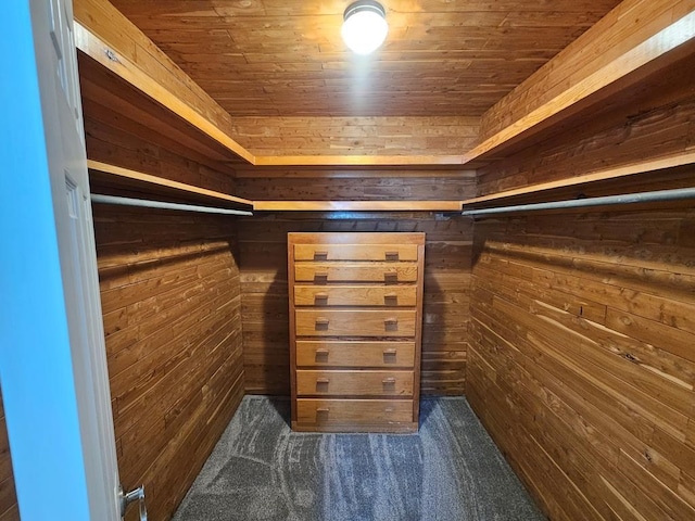 spacious closet featuring dark carpet