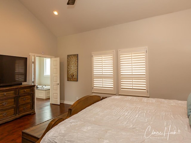 5300 Balfour Ct, Midland, TX 79707 - bedroom featuring dark wood-style floors, high vaulted ceiling, recessed lighting, and ceiling fan