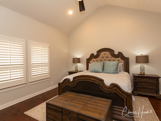 5300 Balfour Ct, Midland, TX 79707 - bedroom featuring lofted ceiling, dark wood-style flooring, a ceiling fan, and recessed lighting