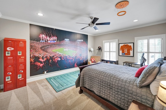 bedroom with ornamental molding, carpet, multiple windows, and recessed lighting