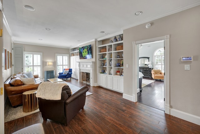 living room with dark wood-style flooring, ornamental molding, baseboards, and a fireplace