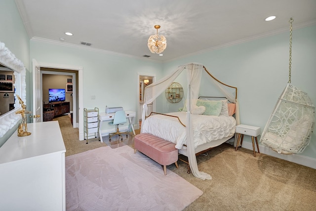 bedroom with baseboards, carpet floors, visible vents, and recessed lighting